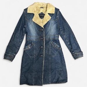 Steve Madden Dark Blue Denim Trench with Cream Faux Shearling Collar